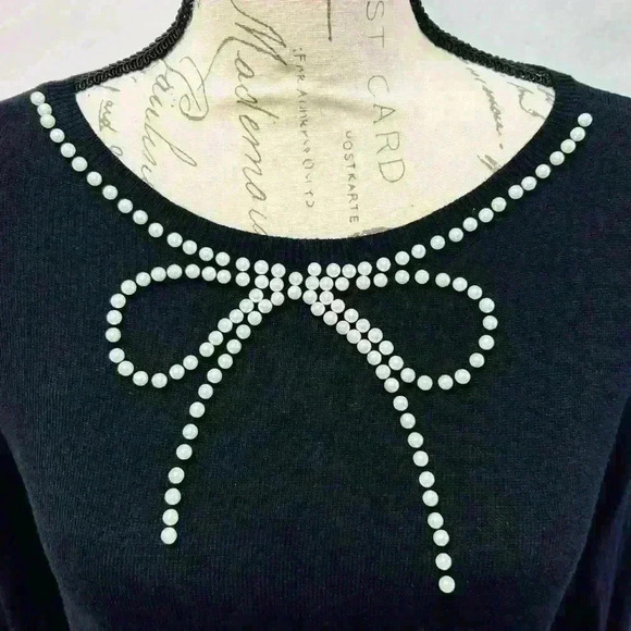 Elle Black Long Sleeve Sweater Sz S Pearl Bow Detail Pullover - Picture 5 of 13